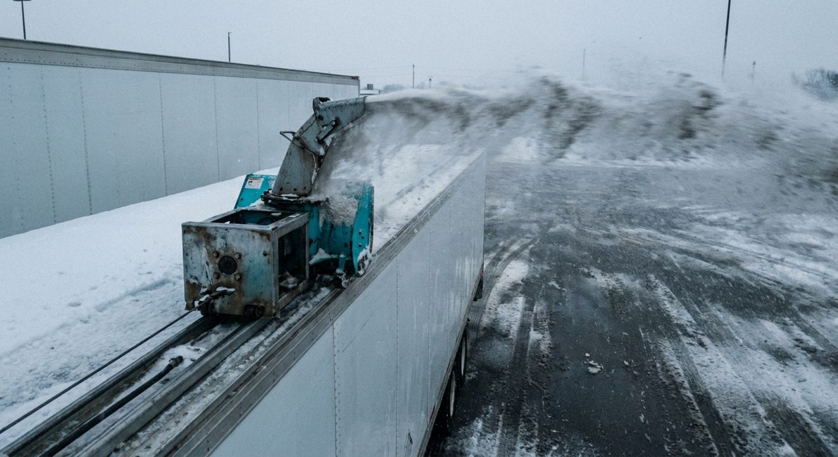 Powder snow plume being thrown clear by the YETI integrated snow blower
